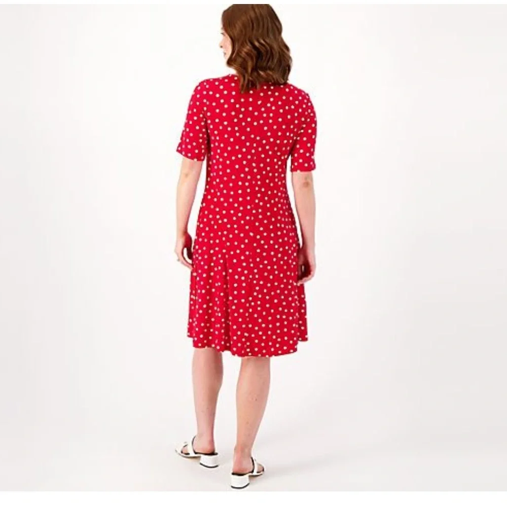 Susan Graver Printed Liquid Knit Fit & Flare Dress Large Tall Red Dot Pockets - Picture 2 of 10
